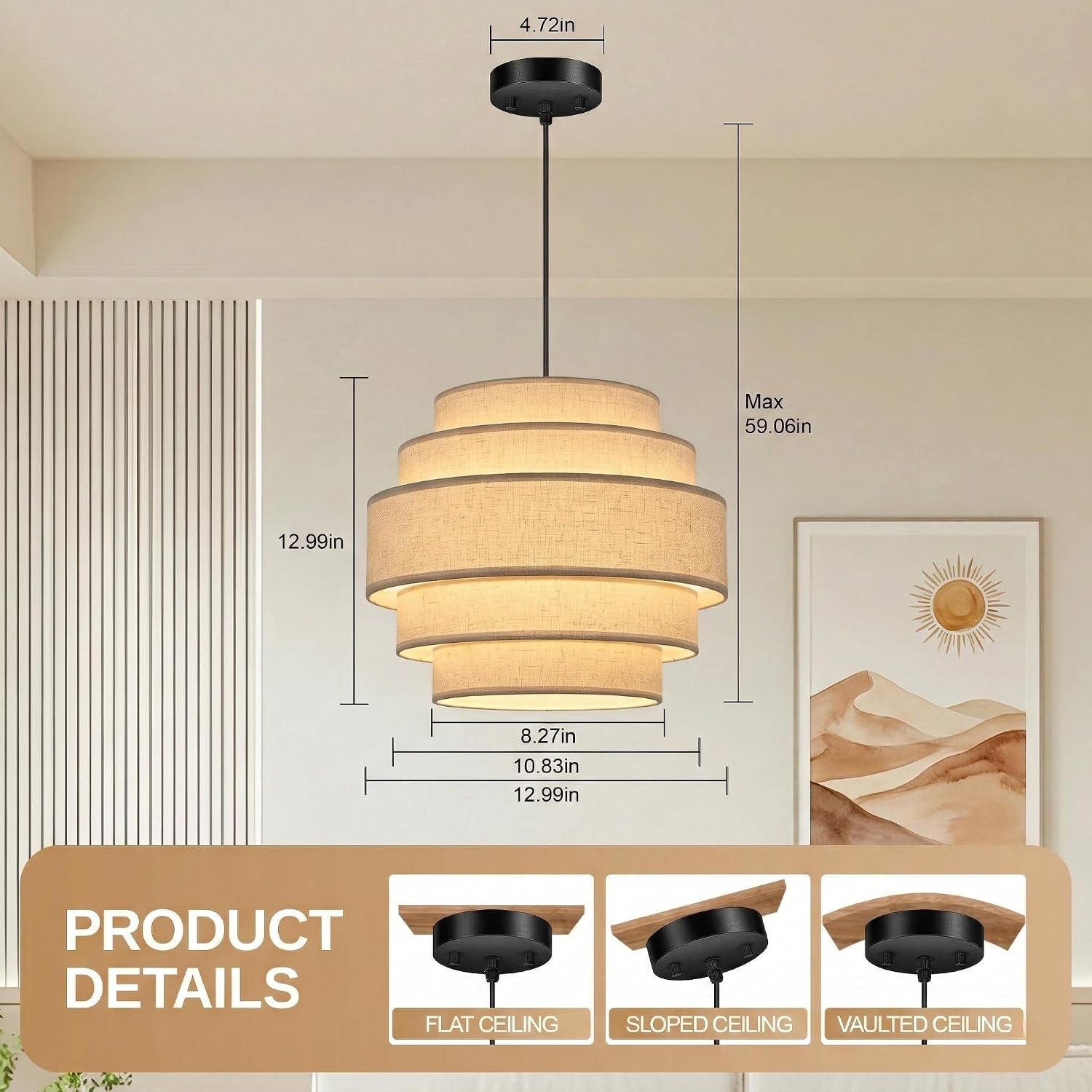 13 in Five-Tier Linen Drum Pendant Light – Beige – image 4