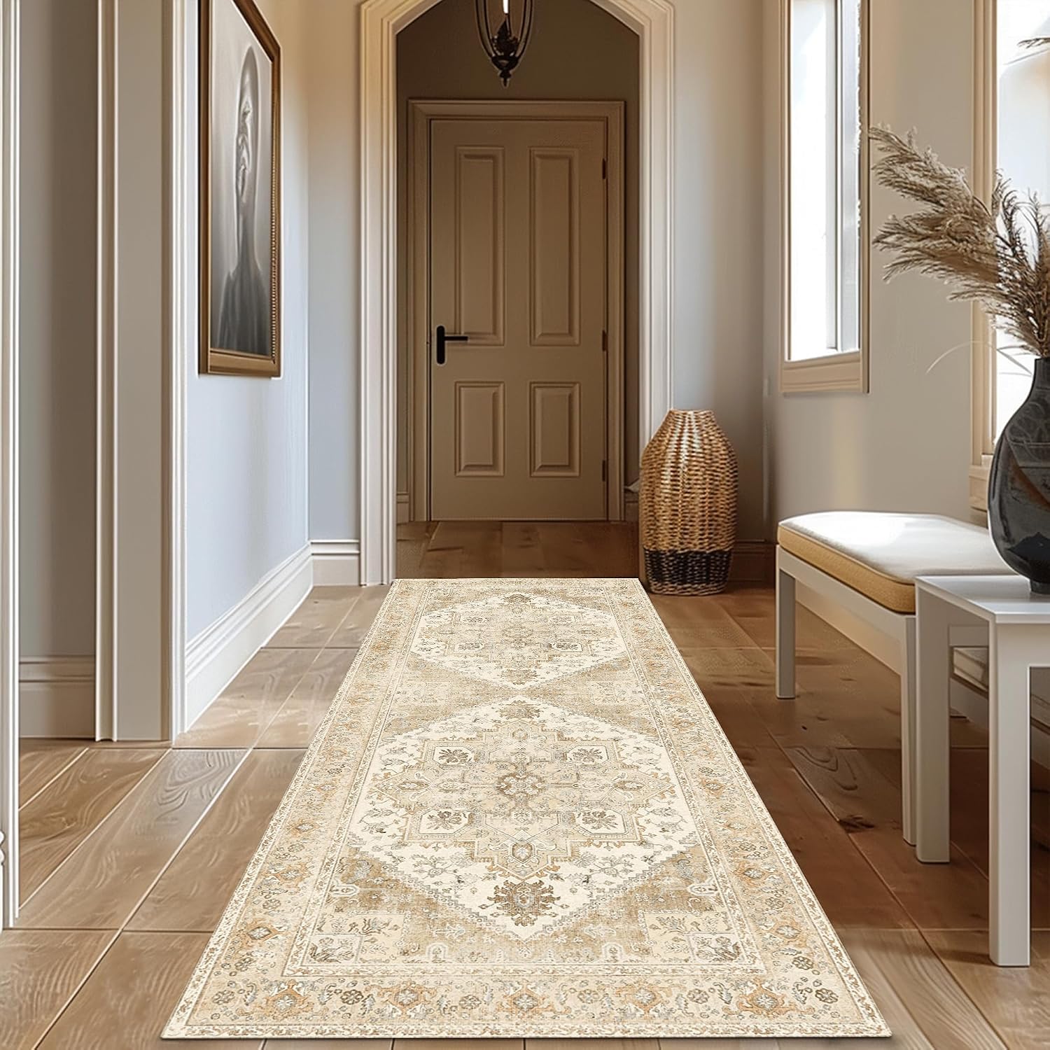 Area Rug 8x10 Machine Washable Vintage Distressed Print Ultra-Thin Chenille Bedroom Living Room Accent Rug, Low Pile Lightweight Non Slip with Gripper, Sage/Charcoal