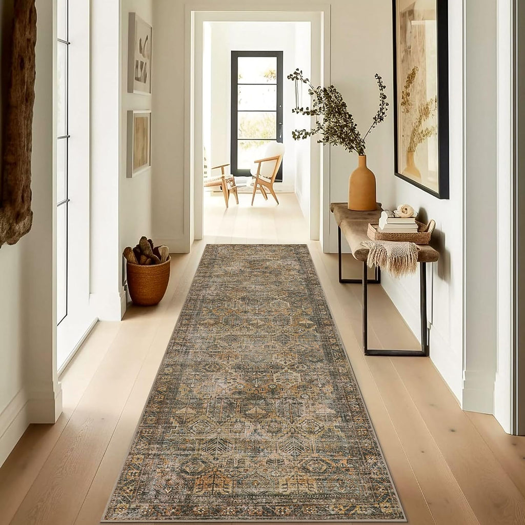Area Rug 8x10 Machine Washable Vintage Distressed Print Ultra-Thin Chenille Bedroom Living Room Accent Rug, Low Pile Lightweight Non Slip with Gripper, Sage/Charcoal