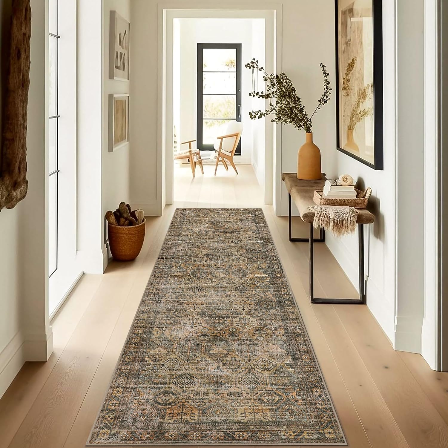 Area Rug 8x10 Machine Washable Vintage Distressed Print Ultra-Thin Chenille Bedroom Living Room Accent Rug, Low Pile Lightweight Non Slip with Gripper, Sage/Charcoal