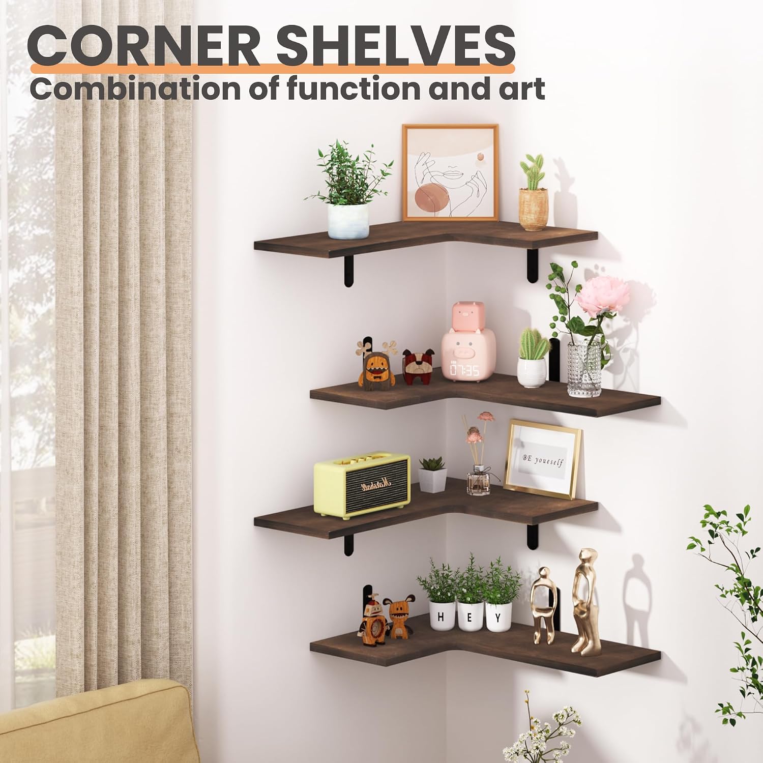 upsimples Corner Floating Wall Shelves Set of 4, Rustic Wood Shelves for Living Room, Bathroom, Bedroom, Kitchen Decor and Storage (Dark Brown)