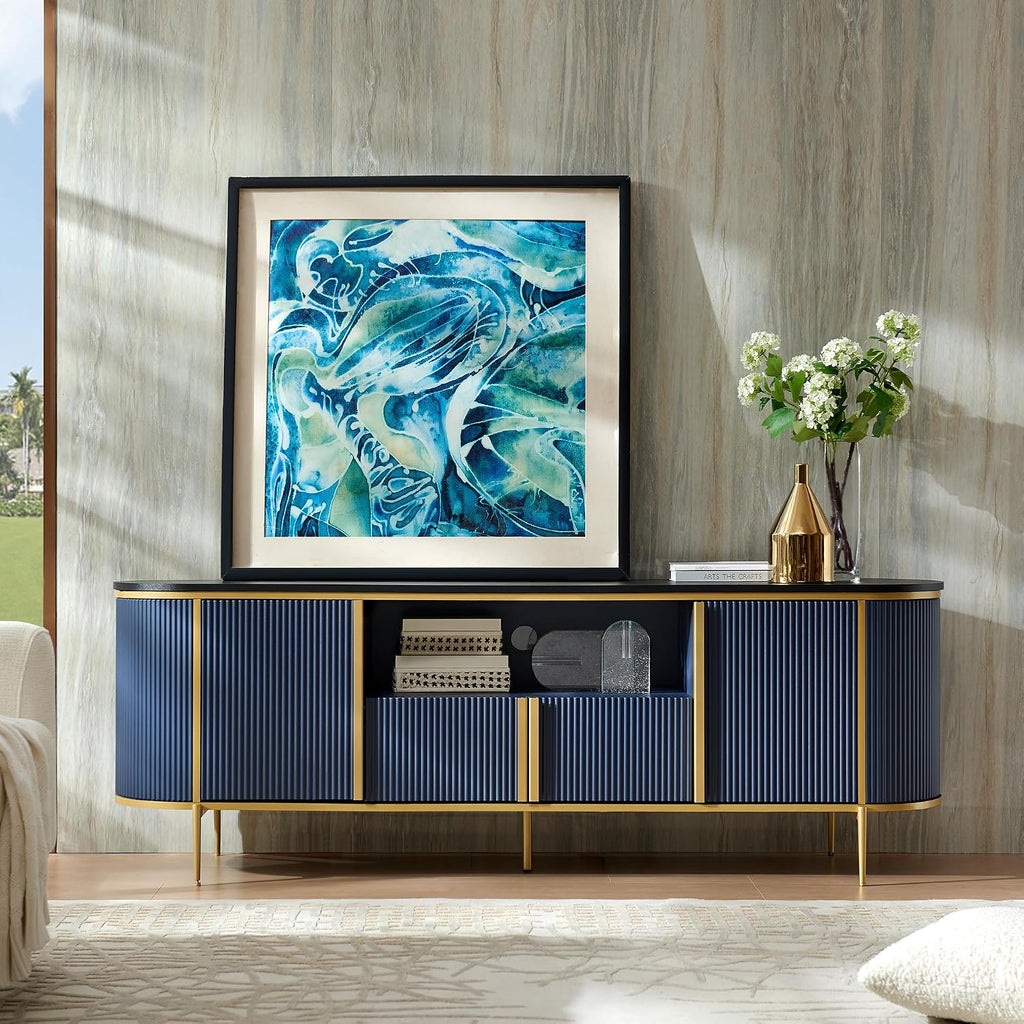 OKD Luxury 70" Fluted TV Stand, Modern Entertainment Center for TVs Up to 80 inches, TV Console with Faux Marble Top, Curved Profile Design, Media Console for Living Room, Navy Blue