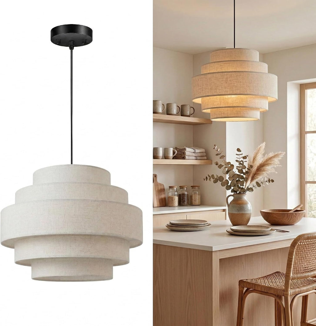 13 in Five-Tier Linen Drum Pendant Light – Beige – image 1