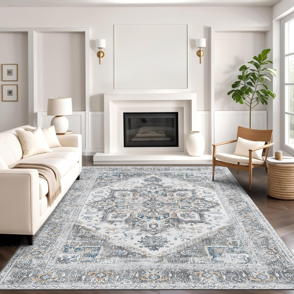 Area Rug 8x10 Machine Washable Vintage Distressed Print Ultra-Thin Chenille Bedroom Living Room Accent Rug, Low Pile Lightweight Non Slip with Gripper, Sage/Charcoal