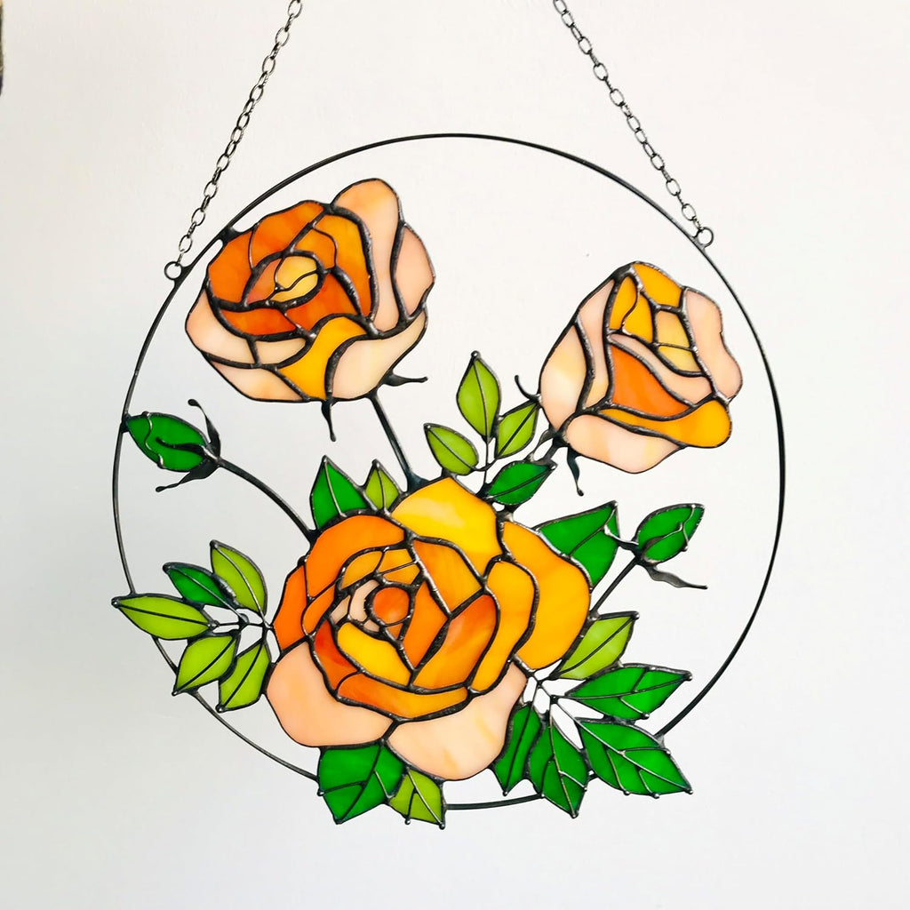 Stained Glass Yellow Roses Suncatcher, Housewarming Gift, Flower Suncatcher, Glass Home Decor, Yellow Wall Hanging Patio Decor, Mother Grandma Gift, Living Room Decor, Real Glass Sun Catcher
