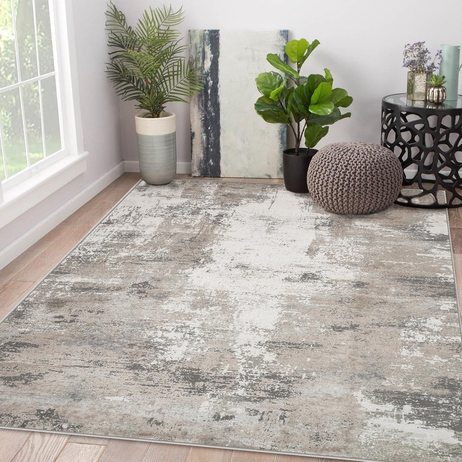 Machine Washable Rug 5'x7' Abstract Washable Area Rugs for Living Room Non Slip Rugs for Bedroom Modern Woven Rug Boho Rug Soft Carpet Kitchen Dining Rugs Home Decor Office Rug (Black)