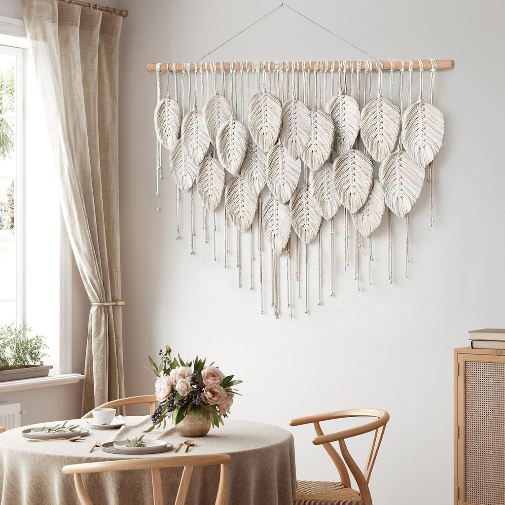 LOMOHOO Macrame Wall Hanging Boho Beige Leaves Tapestry Bohemian Handmade Woven Wall Art Decoration for Bedroom Living Room Apartment Dorm Gallery Perfect Handmade Gift Ideas