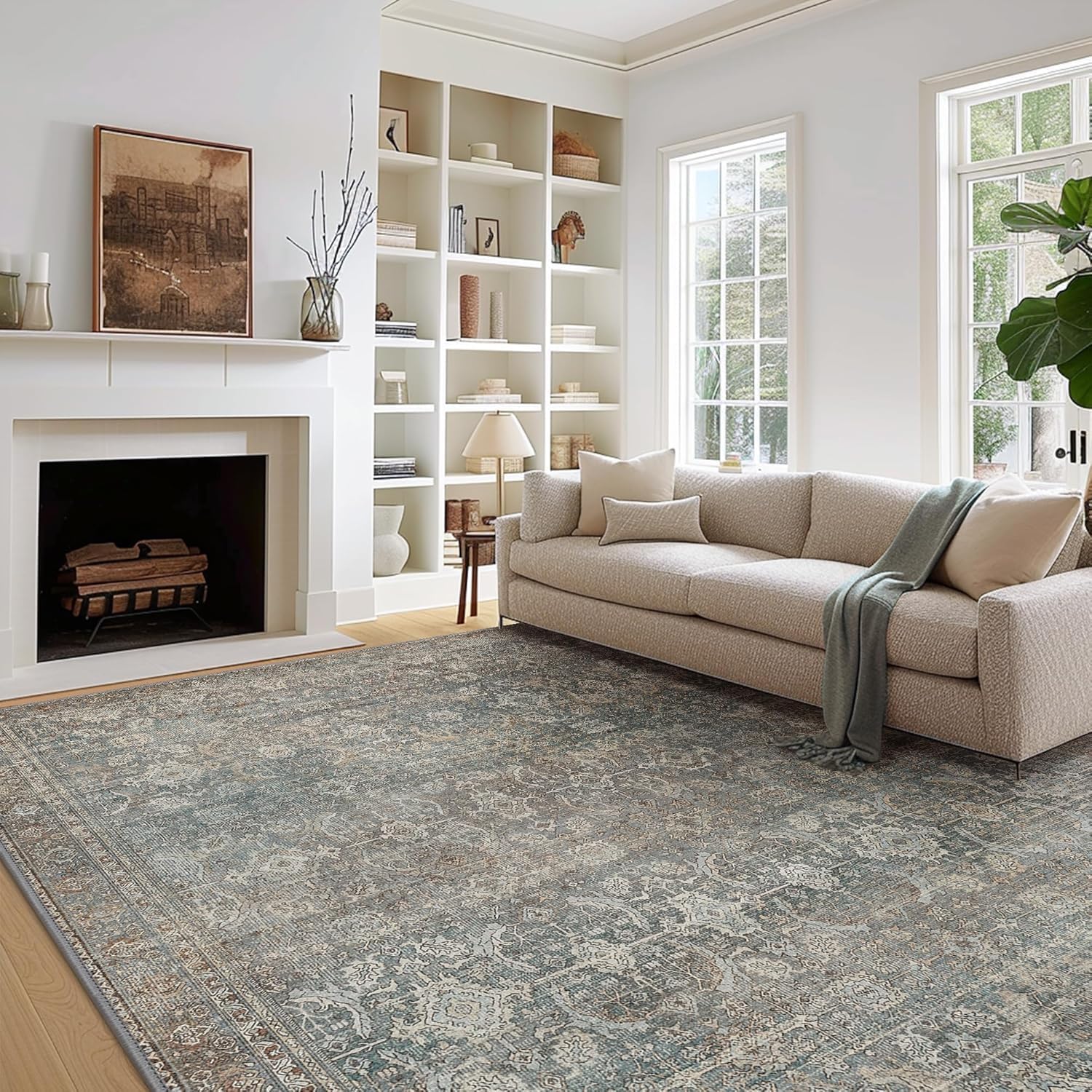 Area Rug 8x10 Machine Washable Vintage Distressed Print Ultra-Thin Chenille Bedroom Living Room Accent Rug, Low Pile Lightweight Non Slip with Gripper, Sage/Charcoal
