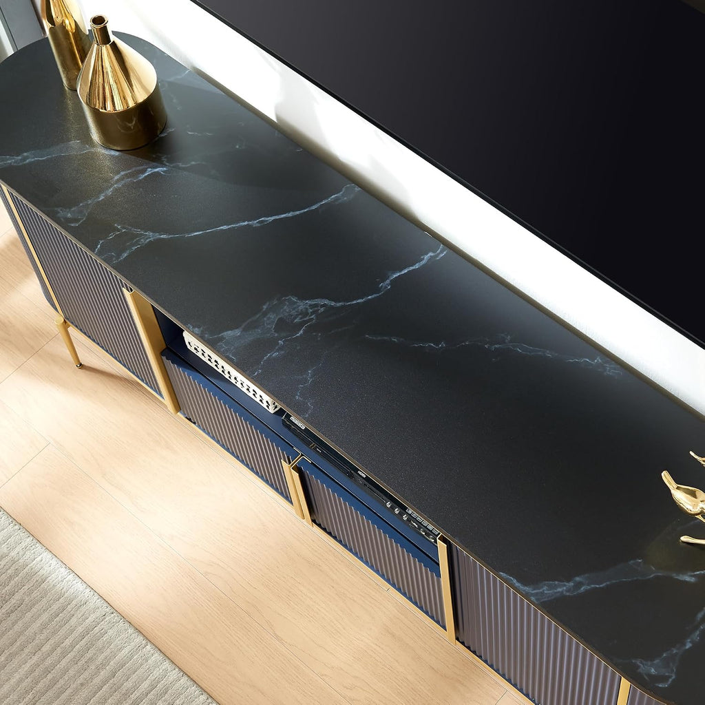 OKD Luxury 70" Fluted TV Stand, Modern Entertainment Center for TVs Up to 80 inches, TV Console with Faux Marble Top, Curved Profile Design, Media Console for Living Room, Navy Blue