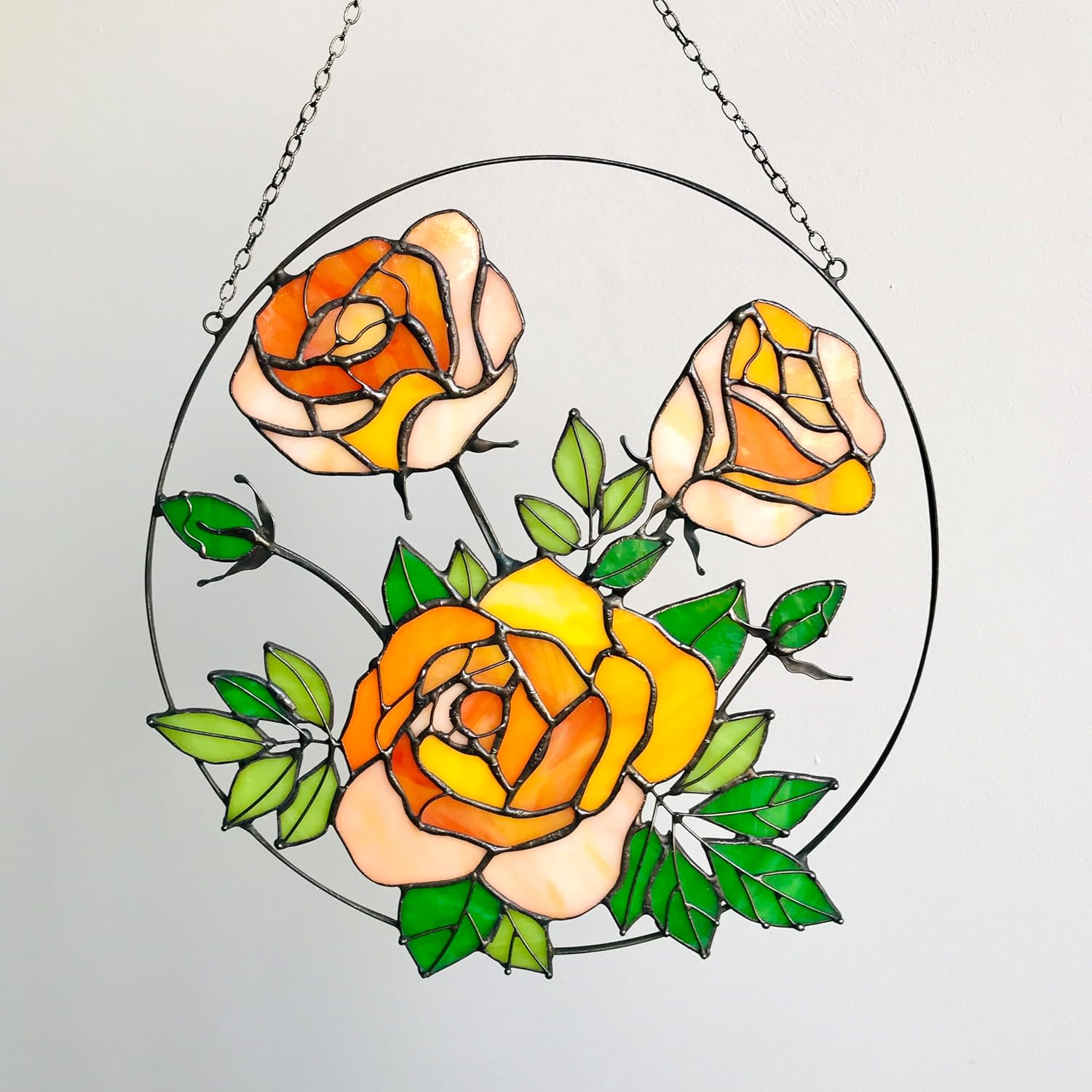 Stained Glass Yellow Roses Suncatcher, Housewarming Gift, Flower Suncatcher, Glass Home Decor, Yellow Wall Hanging Patio Decor, Mother Grandma Gift, Living Room Decor, Real Glass Sun Catcher