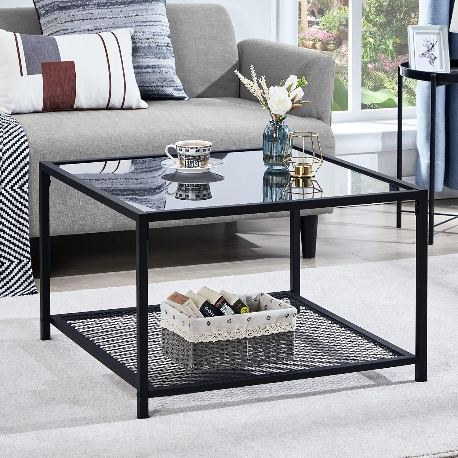 SAYGOER Glass Coffee Table, Small Modern Coffee Table Square Simple Center Tables for Living Room 26.7 x 26.7 x 15.7 Inches, Gray Black