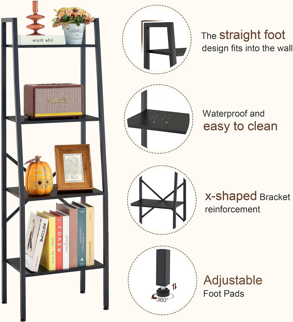 Hoctieon Ladder Shelf Bookcase, 4-Tier Industrial Tall Ladder Bookshelf with Metal Frame for Living Room, Kitchen, Home Office, Bedroom, Rustic Brown