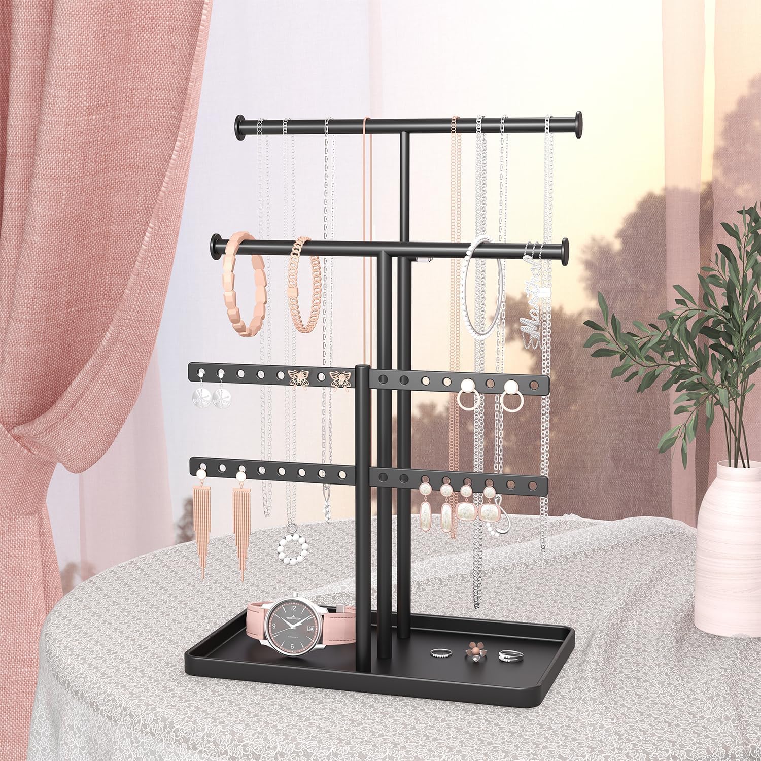 Jewelry Holder Organizer Necklace Display: Metal Aesthetic Room Decor Tree Stand for Necklace Bracelet Hanger and Earrings Storage beautiful jewelry tower for mom wife girlfriend (Gold)