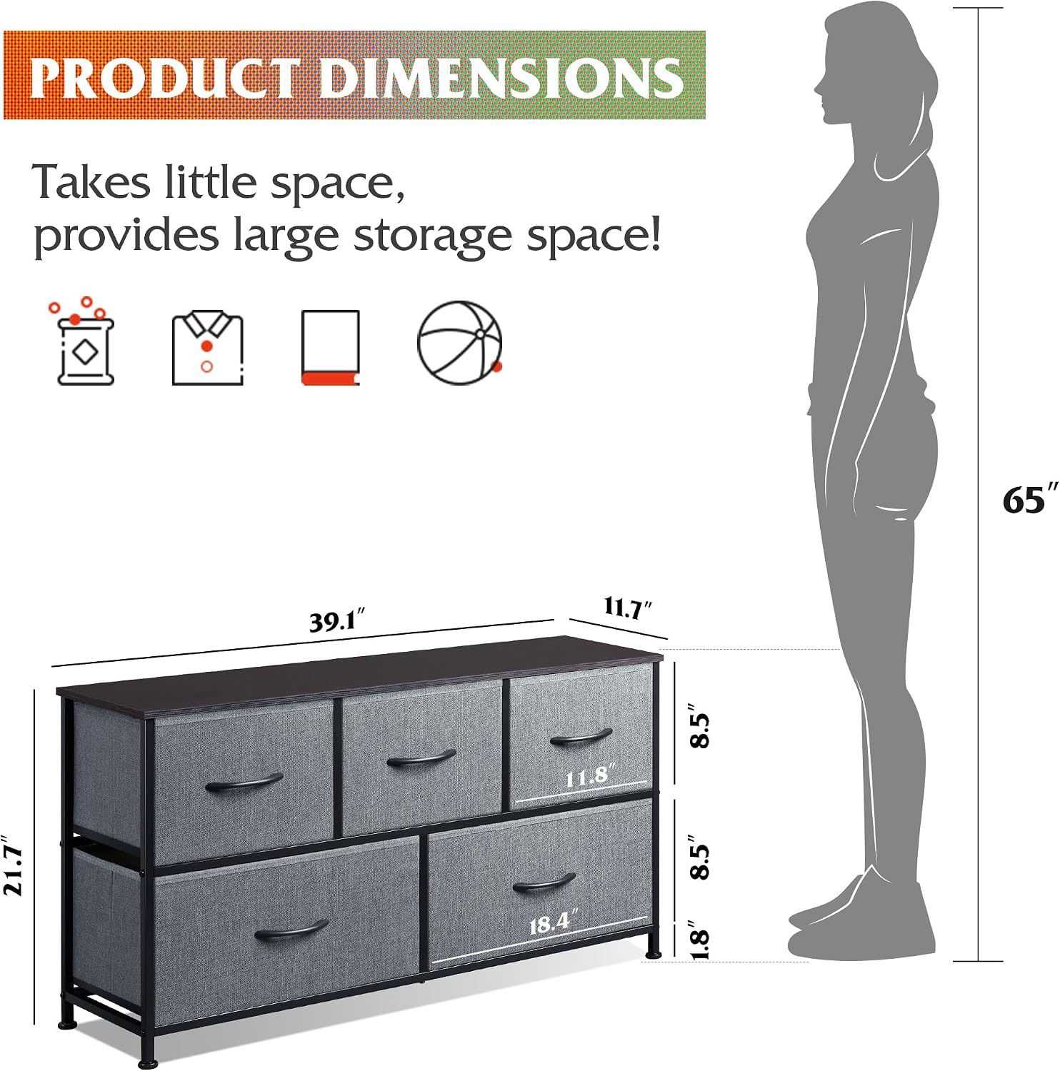 WLIVE Dresser for Bedroom with 5 Drawers, Wide Chest of Drawers, Fabric Dresser, Storage Organizer Unit with Fabric Bins for Closet, Living Room, Hallway, Rustic Brown Wood Grain Print