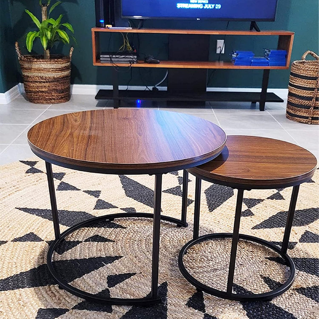 aboxoo Coffee Table Nesting White Set of 2 Side Set Golden Frame Circular Round and Marble Pattern Wooden Tables, Living Room Bedroom Apartment Modern Industrial Simple Nightstand