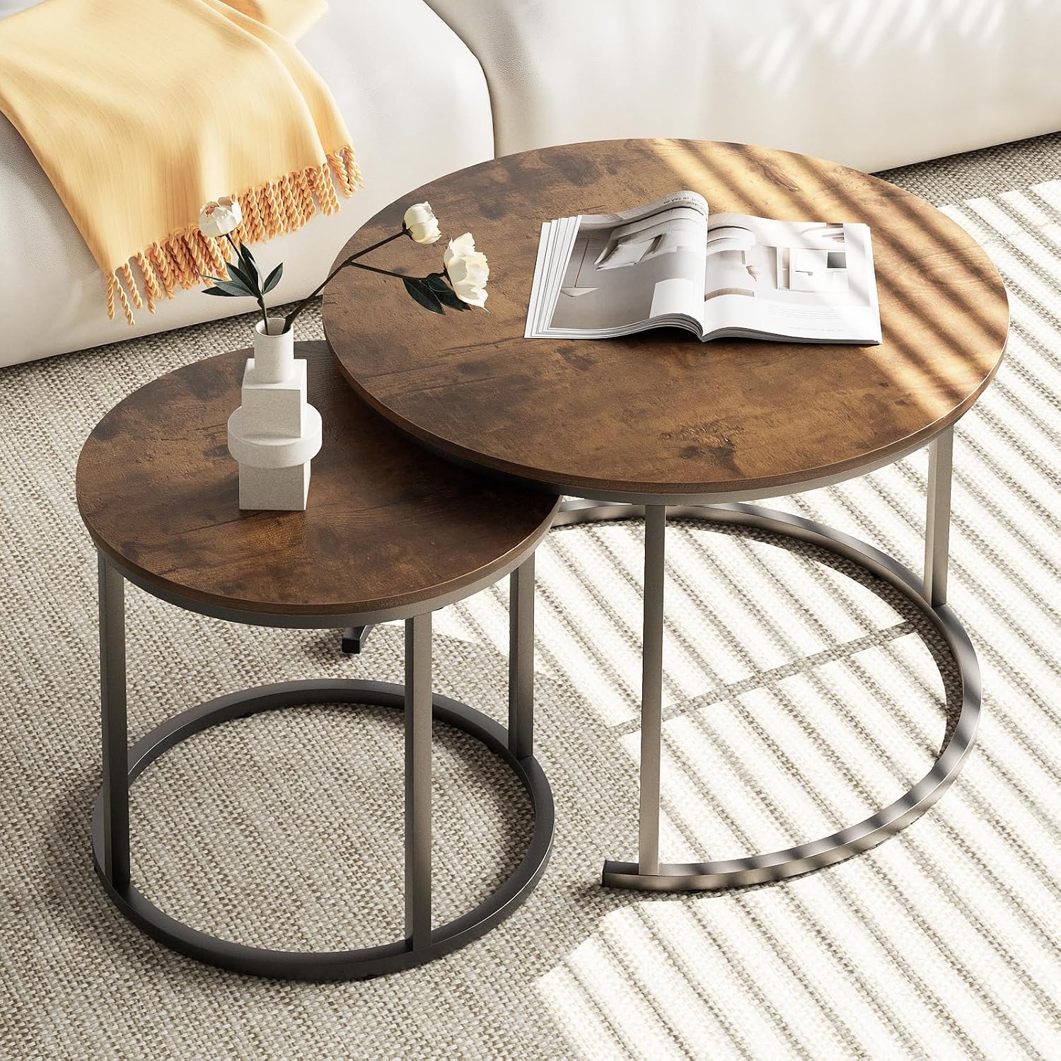 aboxoo Coffee Table Nesting White Set of 2 Side Set Golden Frame Circular Round and Marble Pattern Wooden Tables, Living Room Bedroom Apartment Modern Industrial Simple Nightstand