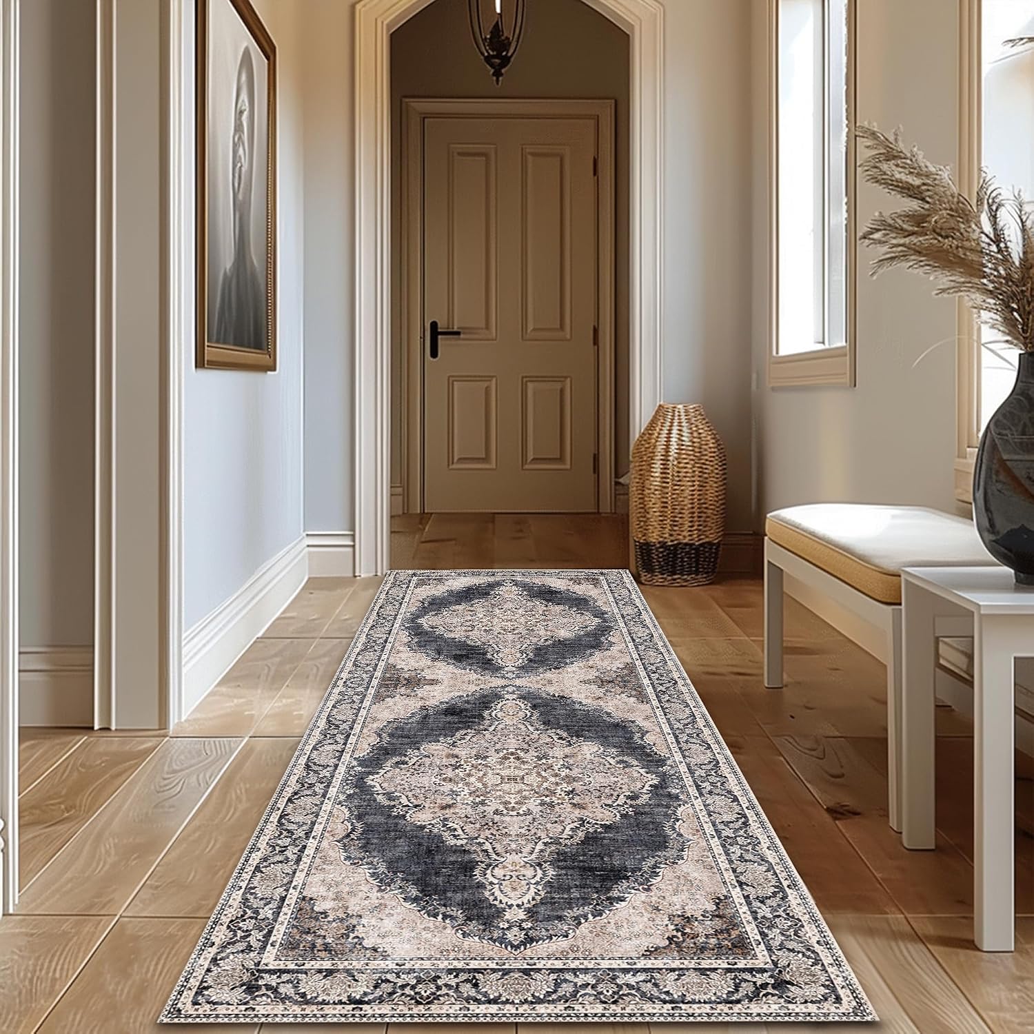 Area Rug 8x10 Machine Washable Vintage Distressed Print Ultra-Thin Chenille Bedroom Living Room Accent Rug, Low Pile Lightweight Non Slip with Gripper, Sage/Charcoal