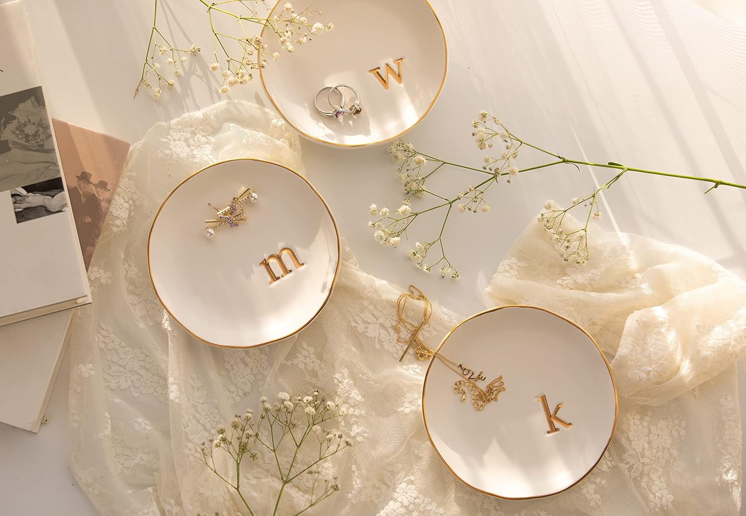 COLLECTIVE HOME - Ceramic Jewelry Tray, Decorative Trinket Dish for Rings Earrings Necklaces Bracelet Watch Keys, Birthday Mother's Day Christmas Gift for Women, 4.75", White Surface (M)