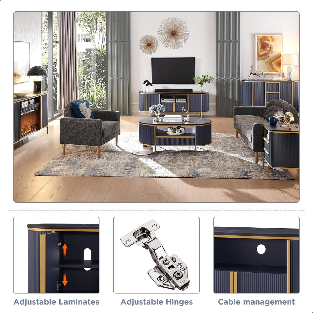 OKD Luxury 70" Fluted TV Stand, Modern Entertainment Center for TVs Up to 80 inches, TV Console with Faux Marble Top, Curved Profile Design, Media Console for Living Room, Navy Blue