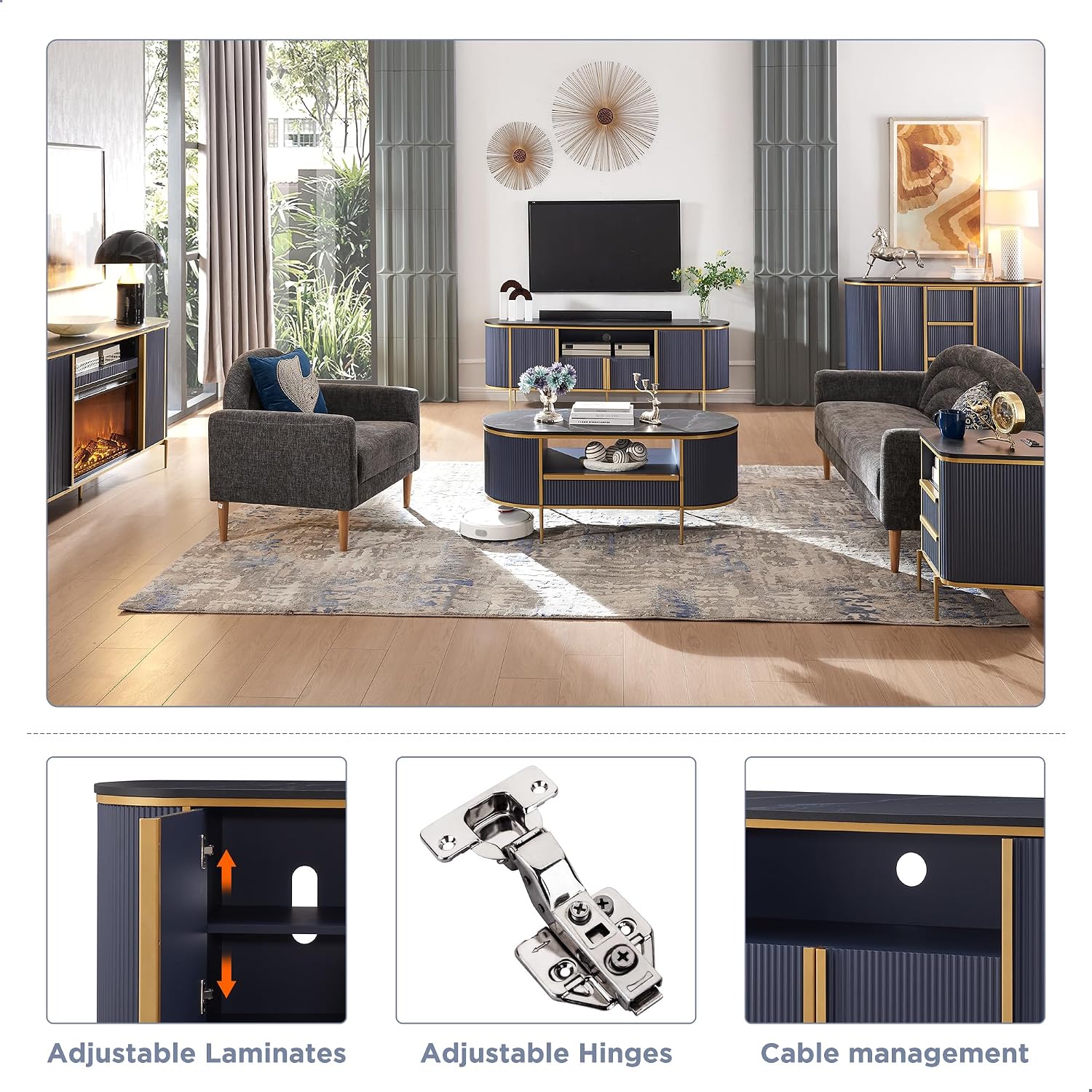 OKD Luxury 70" Fluted TV Stand, Modern Entertainment Center for TVs Up to 80 inches, TV Console with Faux Marble Top, Curved Profile Design, Media Console for Living Room, Navy Blue