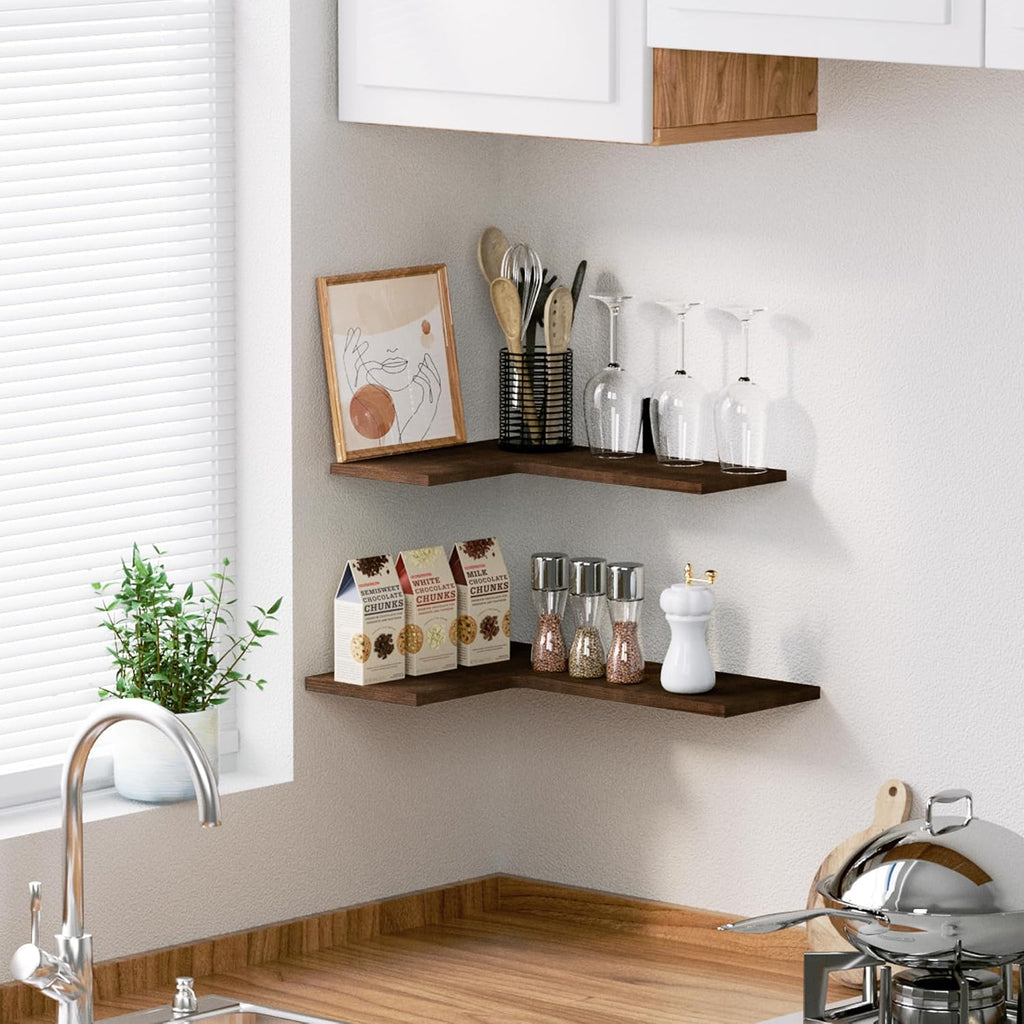 upsimples Corner Floating Wall Shelves Set of 4, Rustic Wood Shelves for Living Room, Bathroom, Bedroom, Kitchen Decor and Storage (Dark Brown)