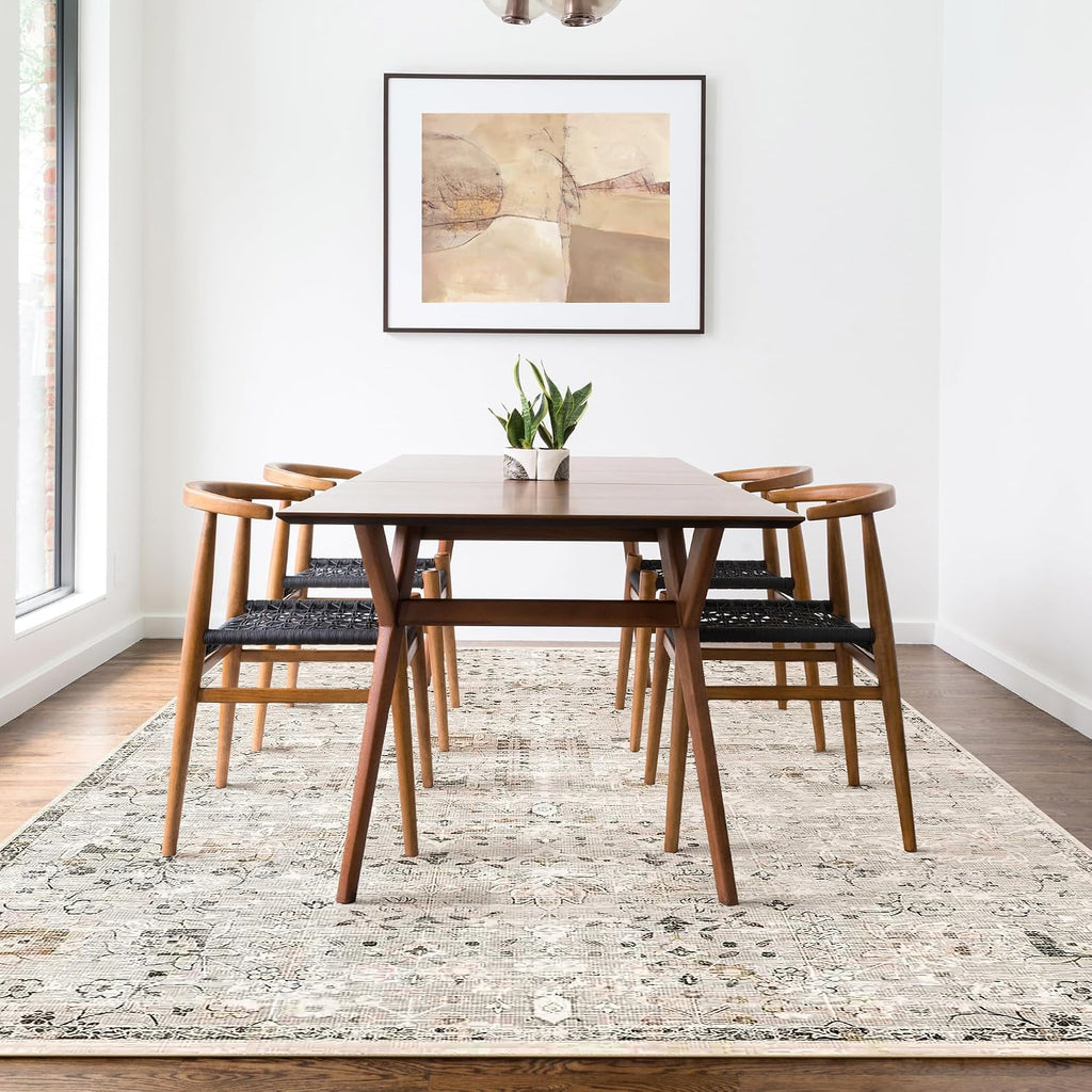 Area Rug 8x10 Machine Washable Vintage Distressed Print Ultra-Thin Chenille Bedroom Living Room Accent Rug, Low Pile Lightweight Non Slip with Gripper, Sage/Charcoal