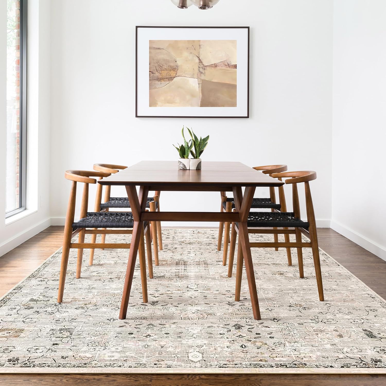 Area Rug 8x10 Machine Washable Vintage Distressed Print Ultra-Thin Chenille Bedroom Living Room Accent Rug, Low Pile Lightweight Non Slip with Gripper, Sage/Charcoal