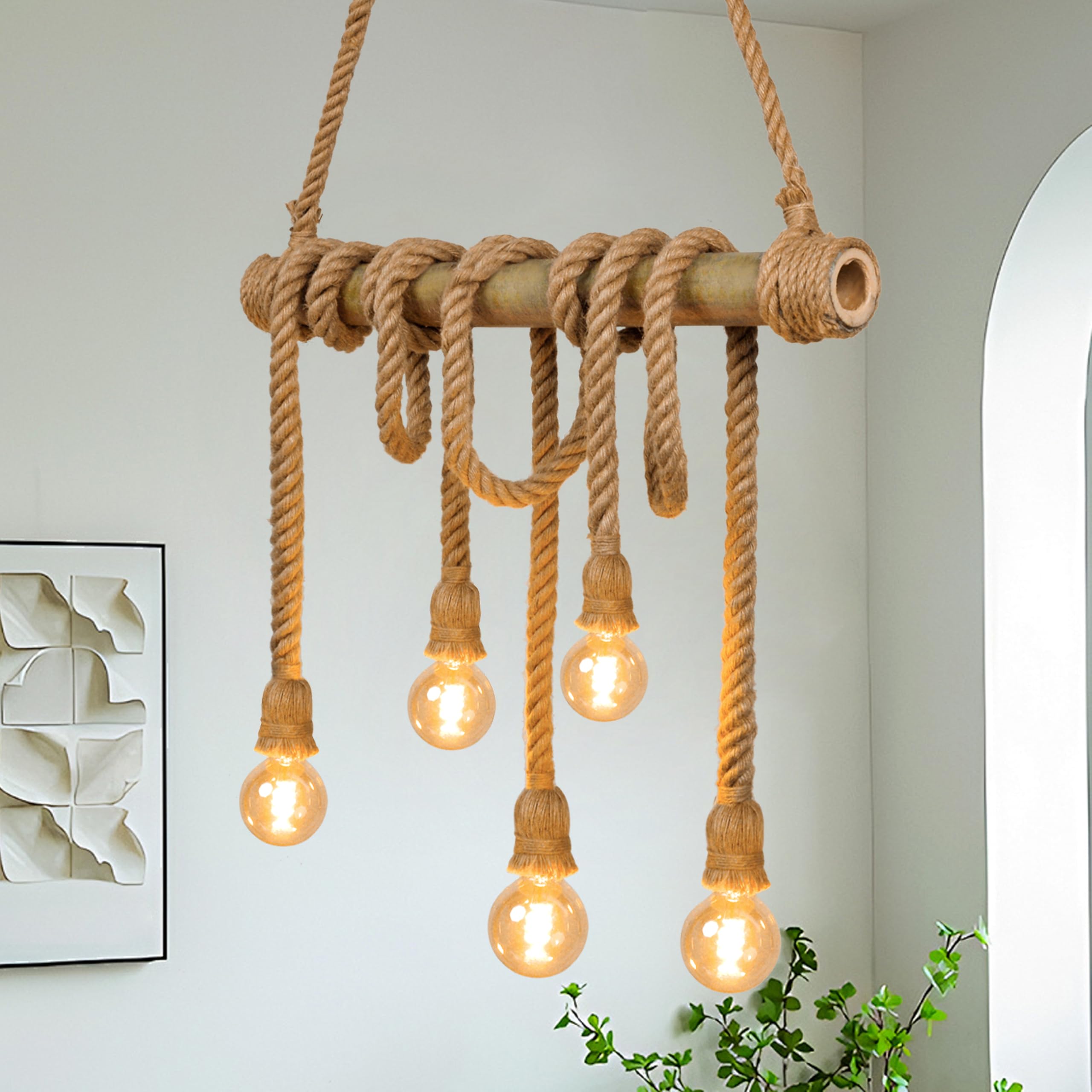 27.5 in 5-Light Bamboo & Rope Chandelier - TPPGpn