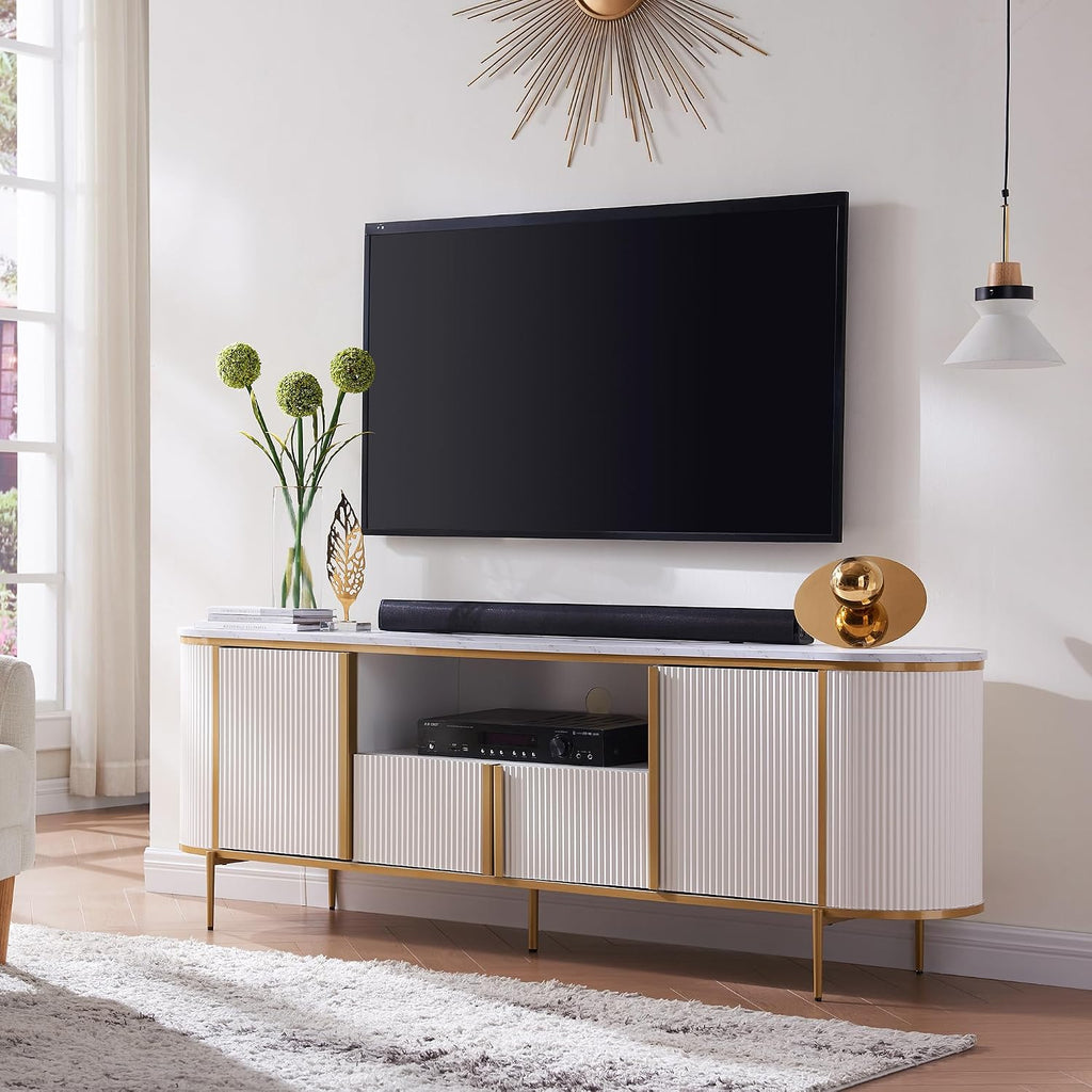 OKD Luxury 70" Fluted TV Stand, Modern Entertainment Center for TVs Up to 80 inches, TV Console with Faux Marble Top, Curved Profile Design, Media Console for Living Room, Navy Blue