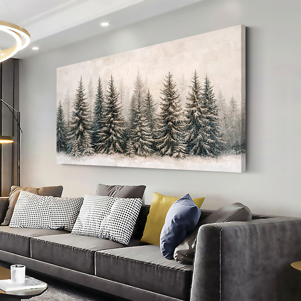 Snow Covered Pine Forest Canvas Wall Art, Soft Neutral Winter Woodland for Modern Living Room — artwork and room preview