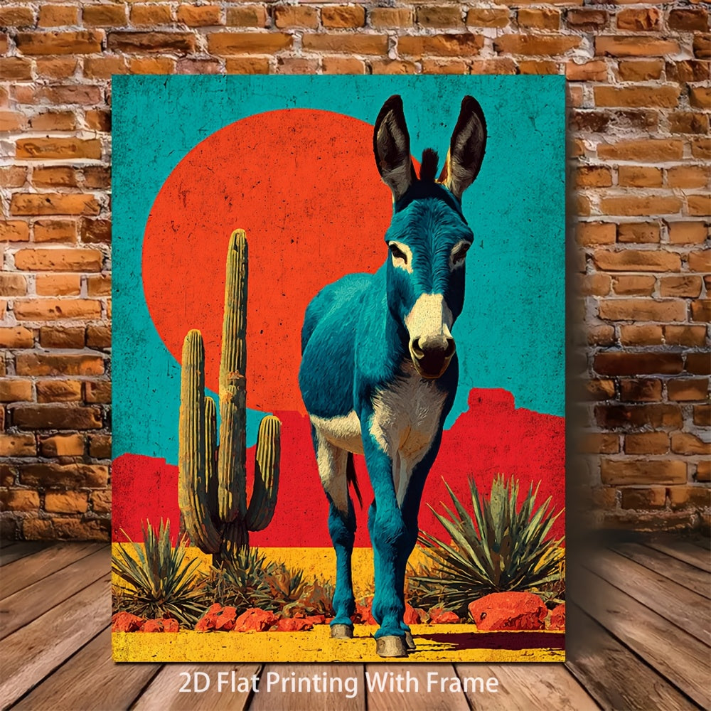 Blue Donkey Canvas Wall Art, Playful Desert Animal with an Orange Sun in Bold Modern Colors — artwork and room preview