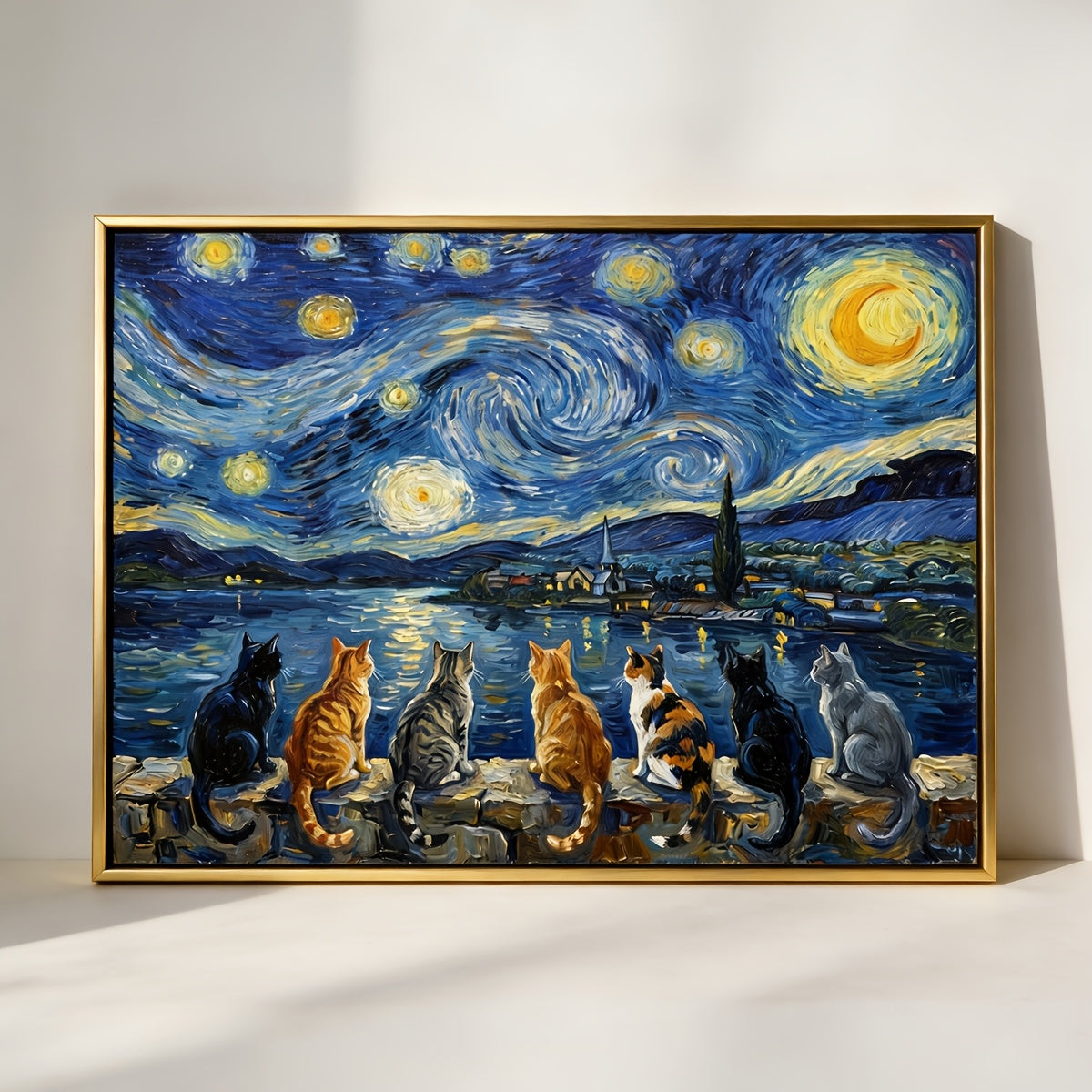 Starry Night Cats Canvas Wall Art, Playful Cats Watching a Swirling Blue and Yellow Night Sky — artwork and room preview