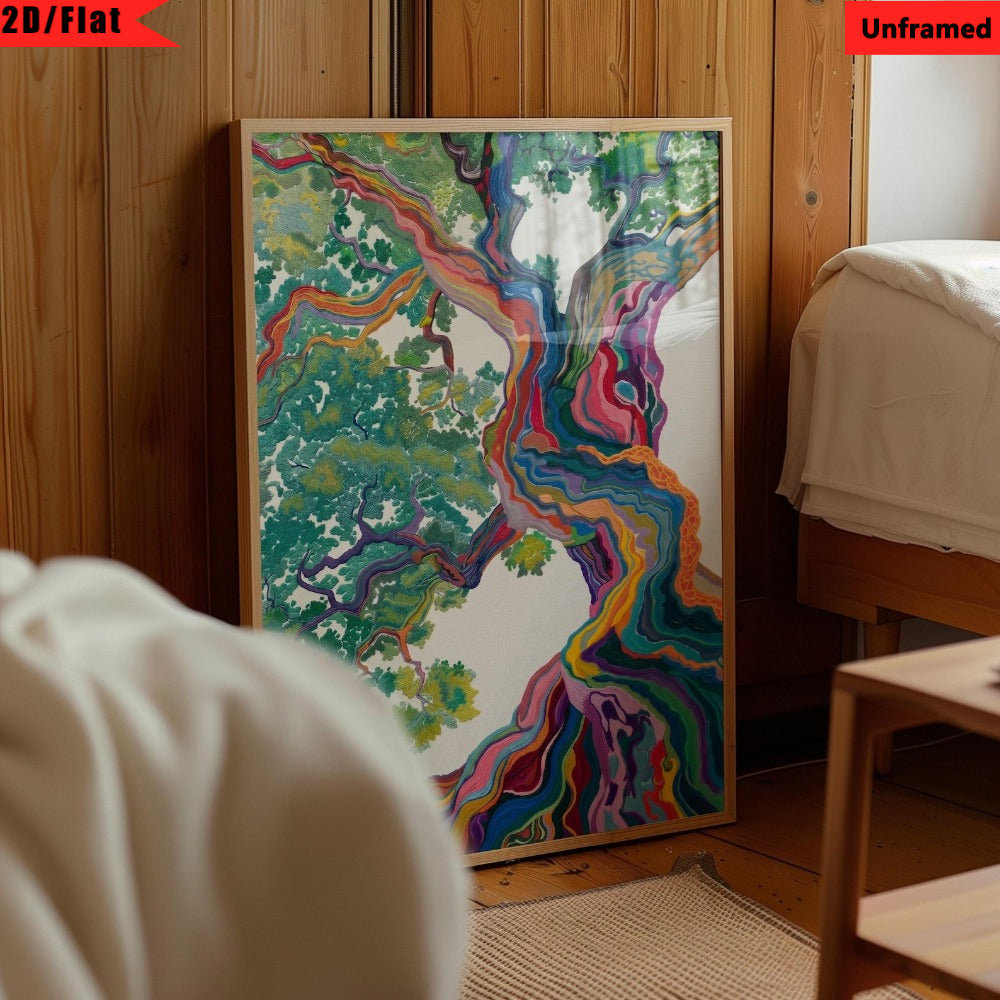 Psychedelic Tree of Life Canvas Wall Art, Flowing Rainbow Branches in a Vibrant Abstract Forest — artwork and room preview