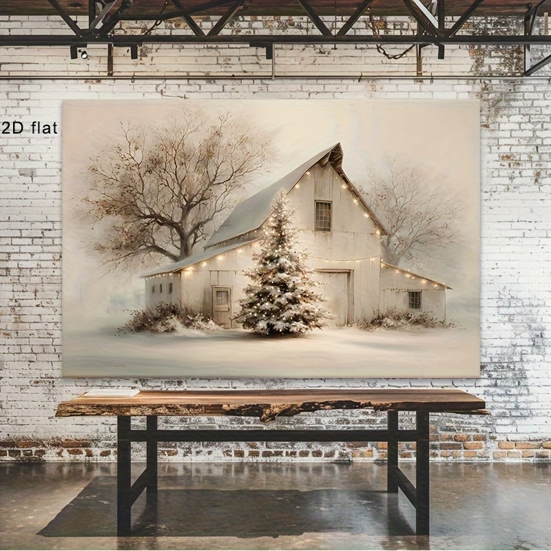 Rustic Christmas Barn Canvas Wall Art, Snowy Farmhouse and Decorated Tree in Neutral Winter Tones — artwork and room preview
