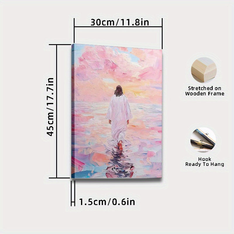 Walking on Water Canvas Wall Art, Serene Christian Figure in Pink and Blue Pastel Tones — artwork and room preview