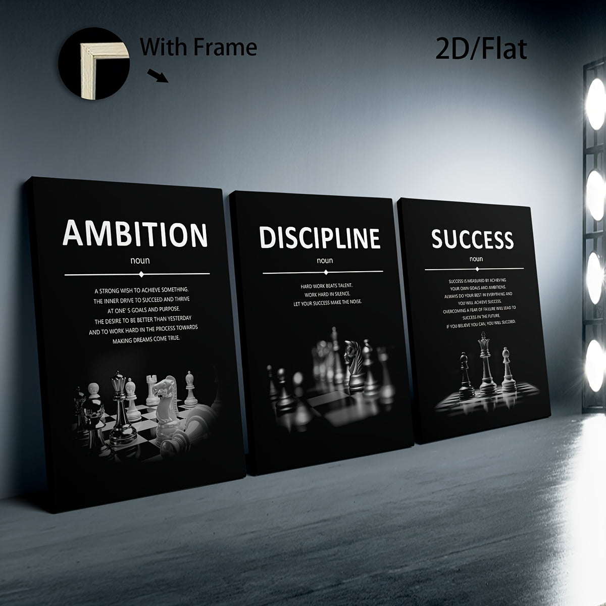 Ambition Discipline Success Canvas Wall Art Set of 3, Black and White Chess Quotes for Office — artwork and room preview