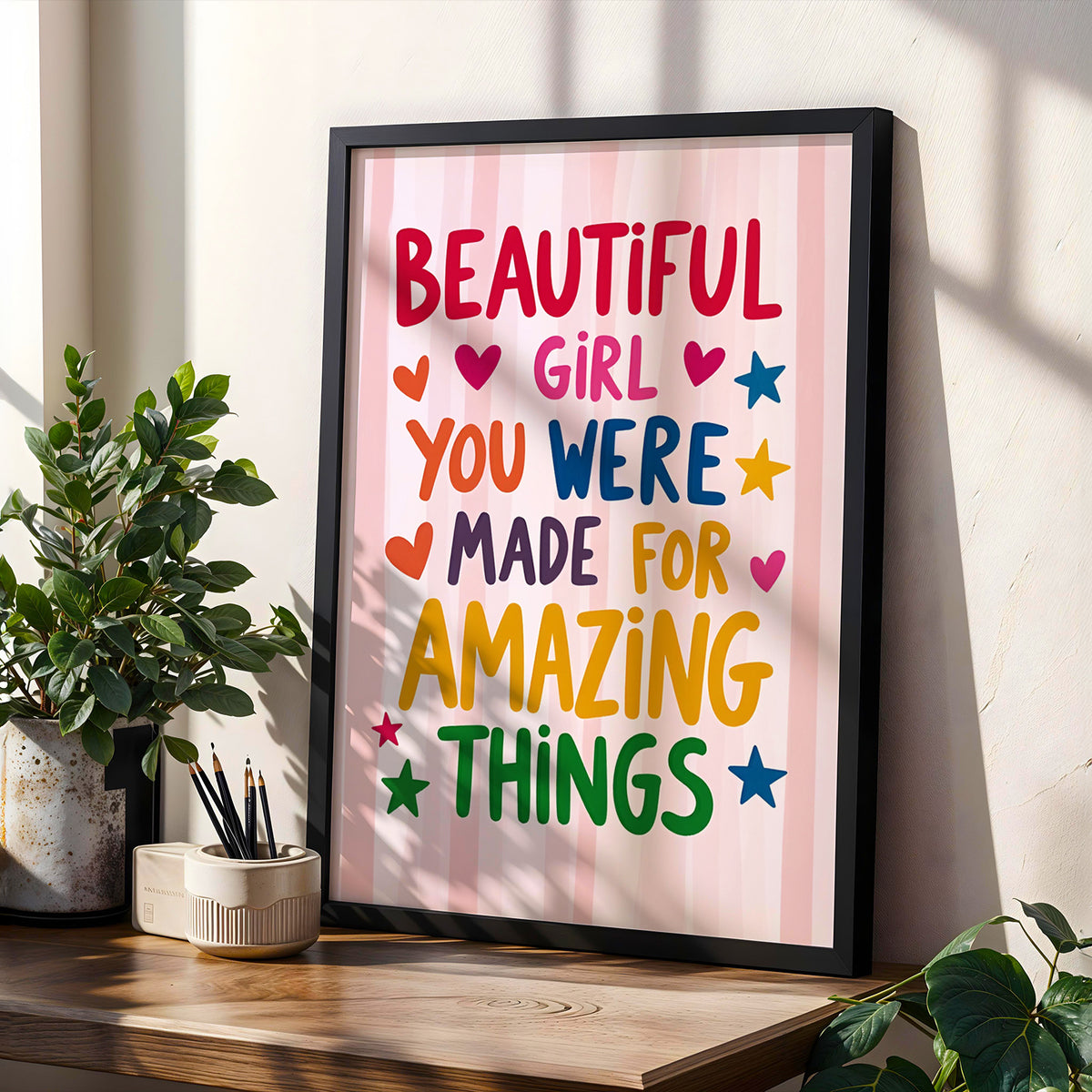 Beautiful Girl Canvas Wall Art, Colorful Made for Amazing Things Inspirational Quote for Bedroom — artwork and room preview