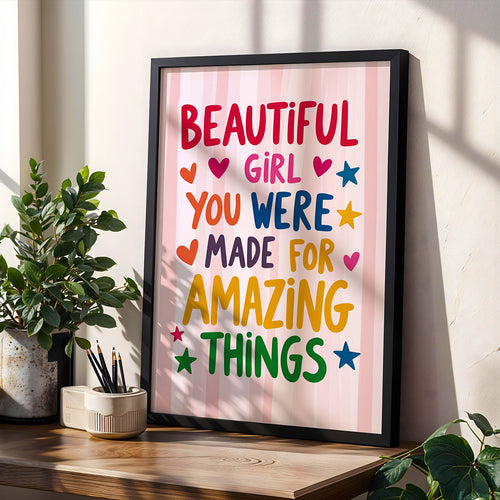 Beautiful Girl Canvas Wall Art, Colorful Made for Amazing Things Inspirational Quote for Bedroom — artwork and room preview