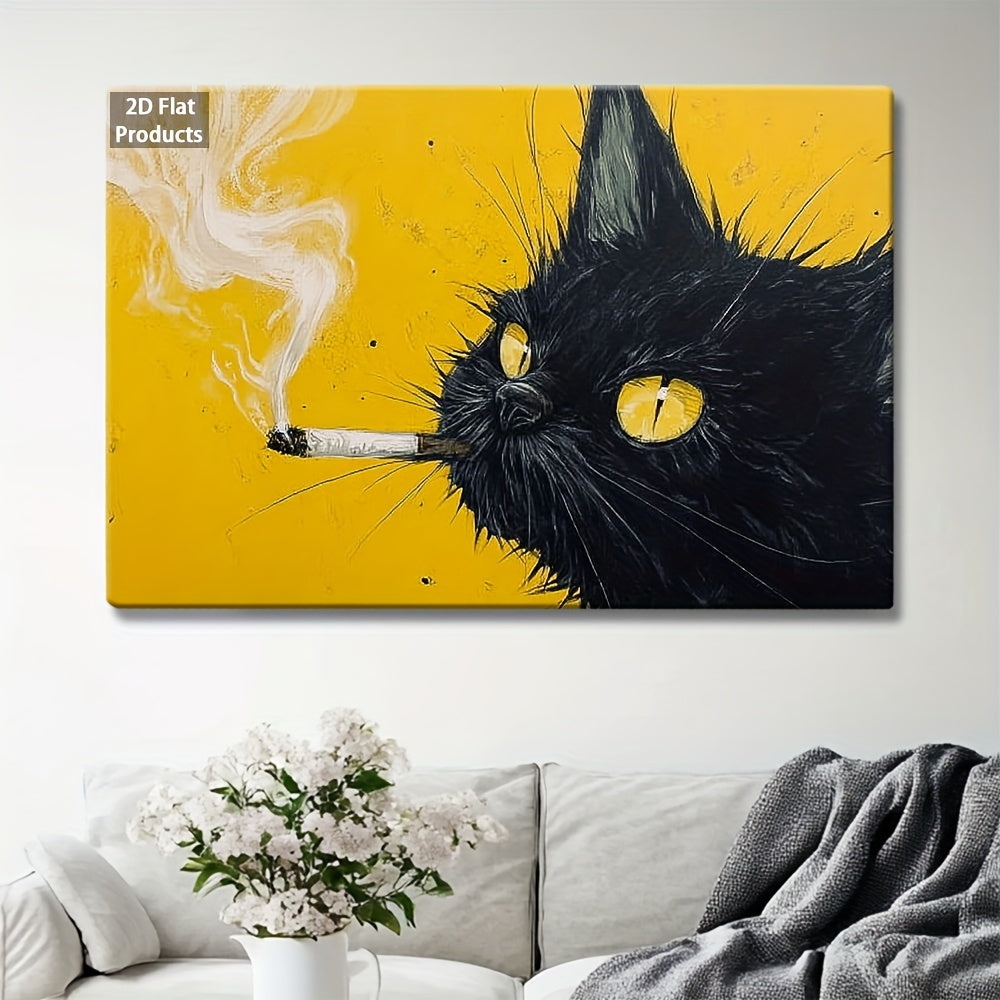 Black Cat Smoking Canvas Wall Art, Whimsical Yellow Eyed Cat on a Bold Yellow Background — artwork and room preview