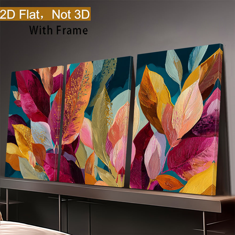 Colorful Leaf Canvas Wall Art Set of 3, Vibrant Pink Yellow and Teal Abstract Botanical Prints — artwork and room preview