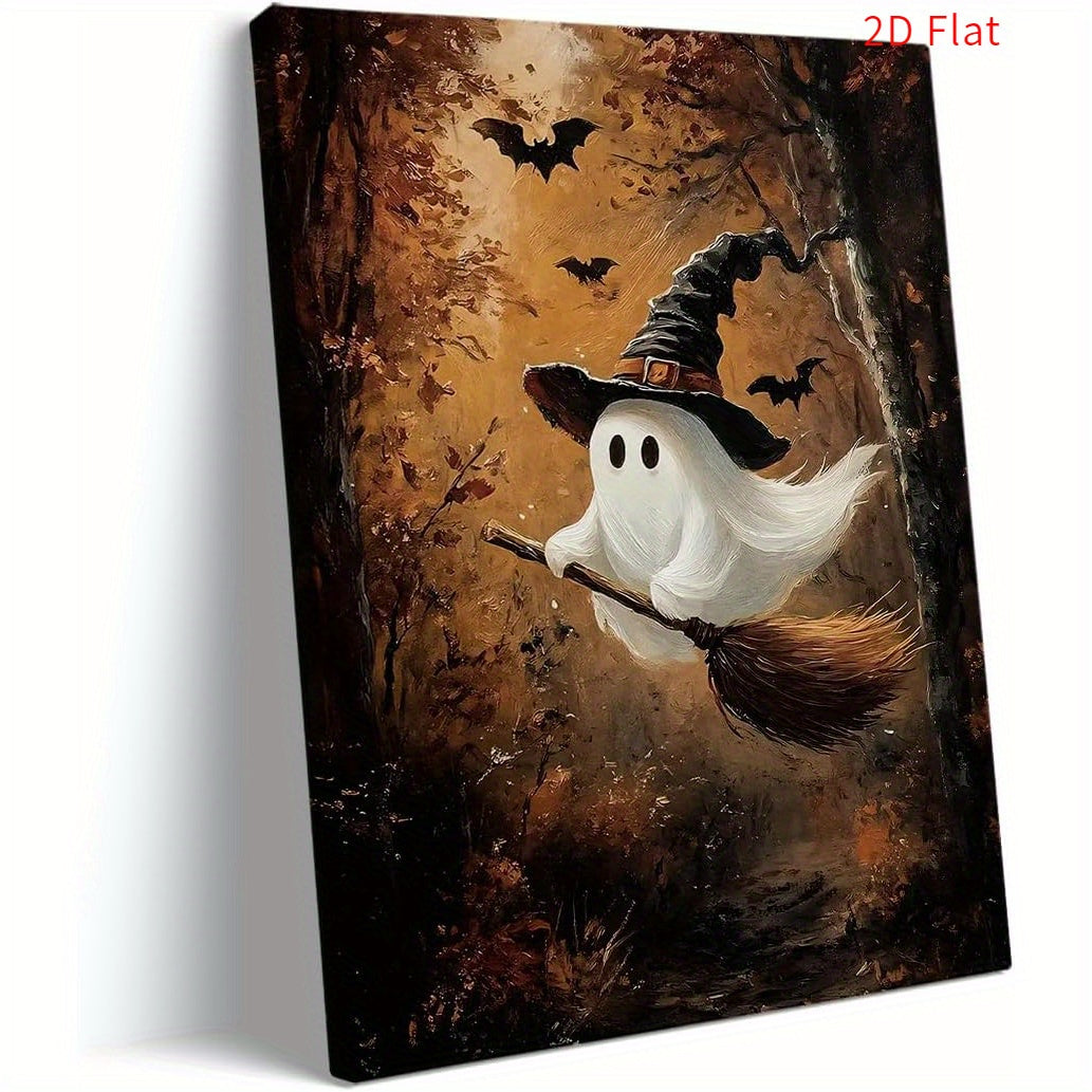Friendly Ghost Witch Canvas Wall Art, Broomstick and Bats in a Warm Autumn Forest — artwork and room preview