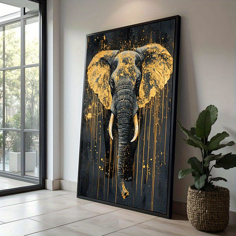 Golden Elephant Canvas Wall Art, Dark Wildlife Portrait with Gold Tone Paint Splashes — artwork and room preview