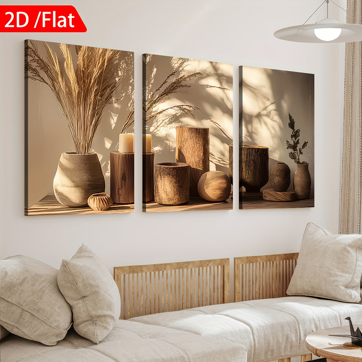 Neutral Pampas Grass Canvas Wall Art Set of 3, Rustic Vases and Warm Sunlight for Living Room — artwork and room preview