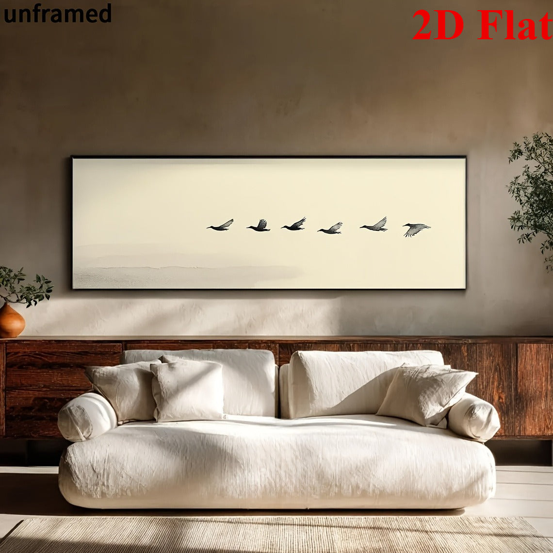 Minimalist Birds Canvas Wall Art, Quiet Flock in Flight on a Soft Cream Background for Japandi Decor — artwork and room preview