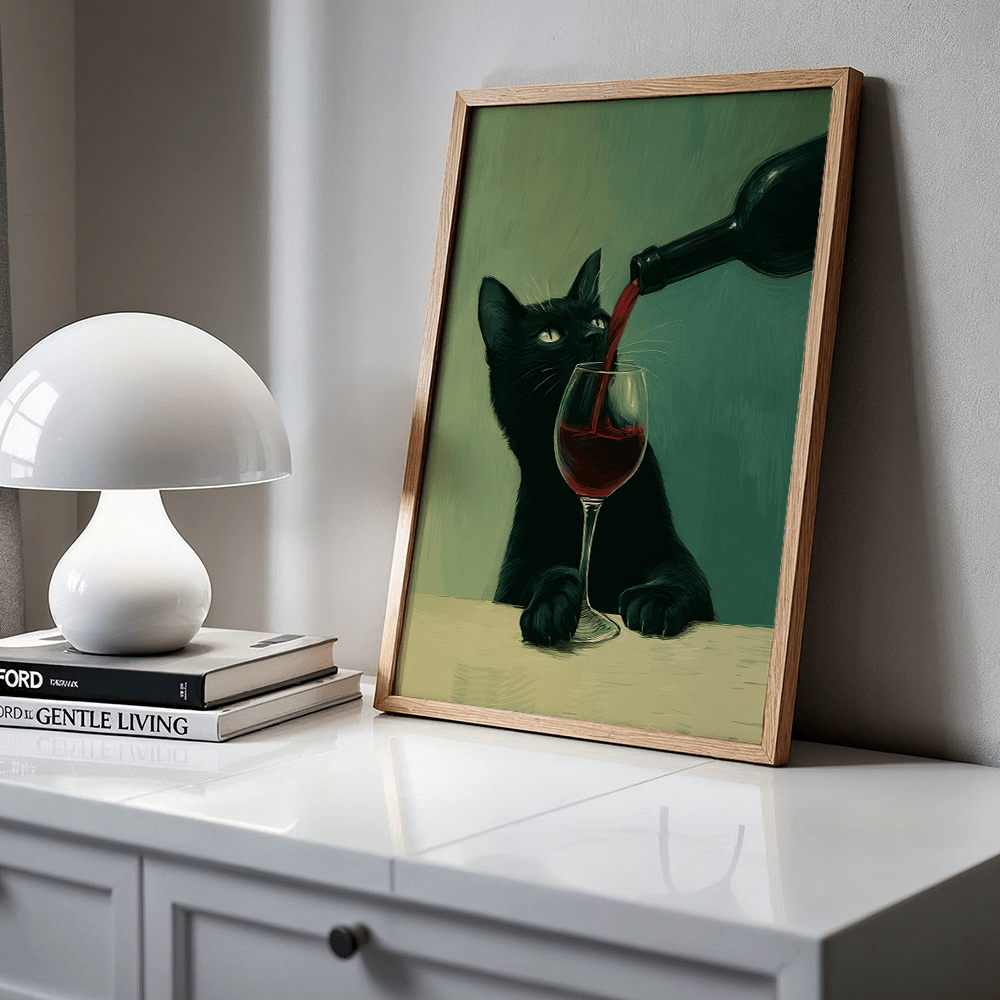 Black Cat and Red Wine Canvas Wall Art, Whimsical Vintage Animal Print on Dark Green — artwork and room preview