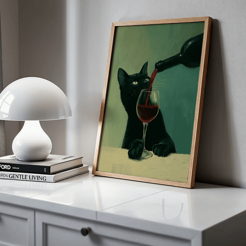 Black Cat and Red Wine Canvas Wall Art, Whimsical Vintage Animal Print on Dark Green — artwork and room preview