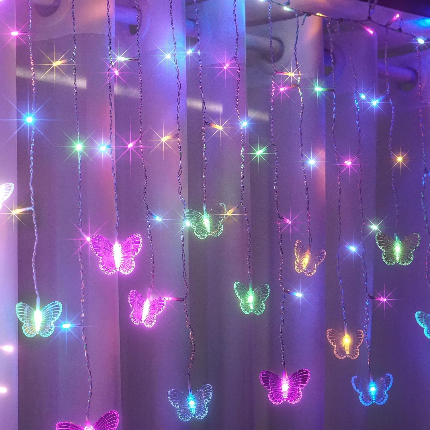 Curtain Butterfly String Light 20Ft 120LED Window USB Fairy Lights 24 Butterfly 8 Modes with Remote Control for Room Bedroom Patio Party Wedding Holiday Christmas Decoration (colorful)