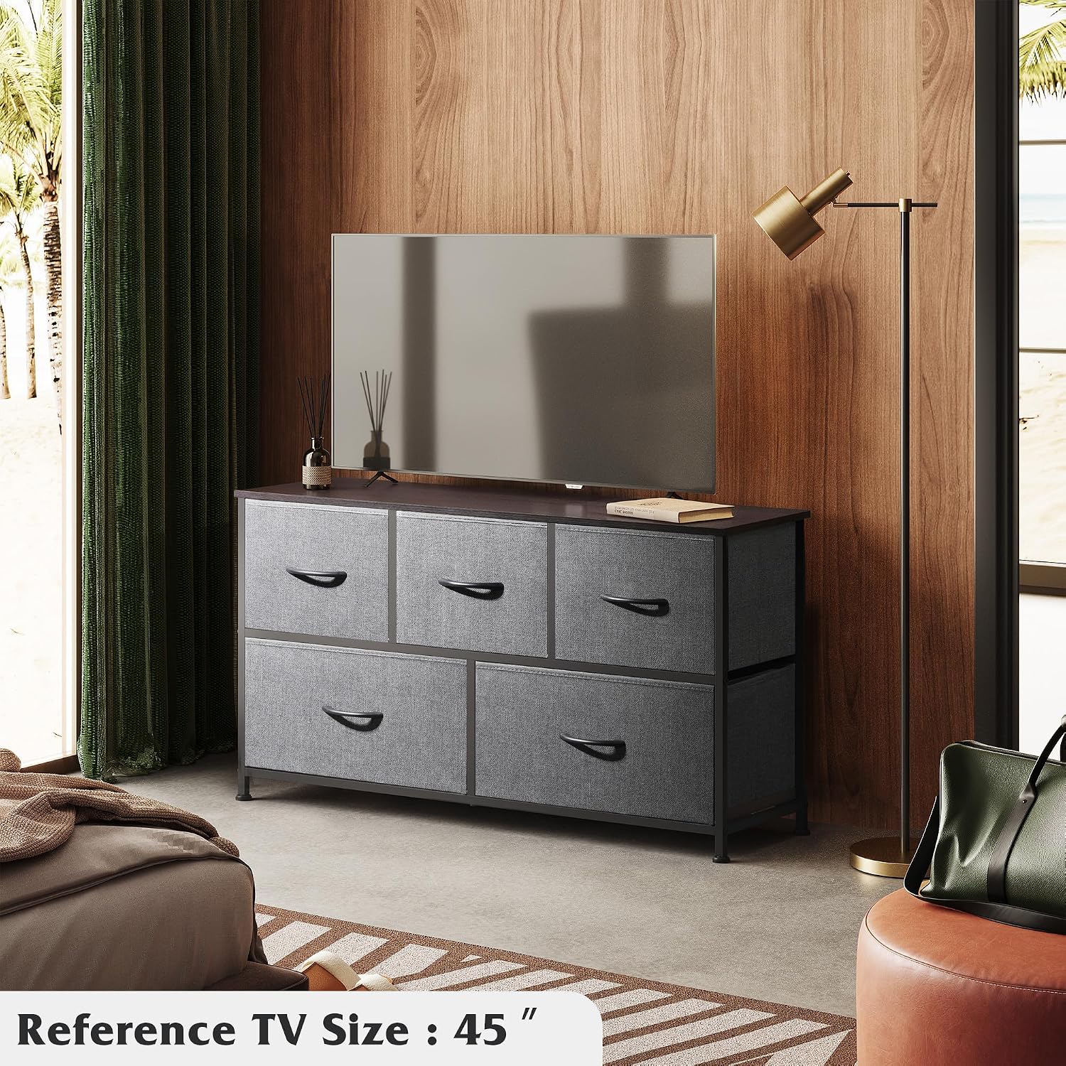 WLIVE Dresser for Bedroom with 5 Drawers, Wide Chest of Drawers, Fabric Dresser, Storage Organizer Unit with Fabric Bins for Closet, Living Room, Hallway, Rustic Brown Wood Grain Print