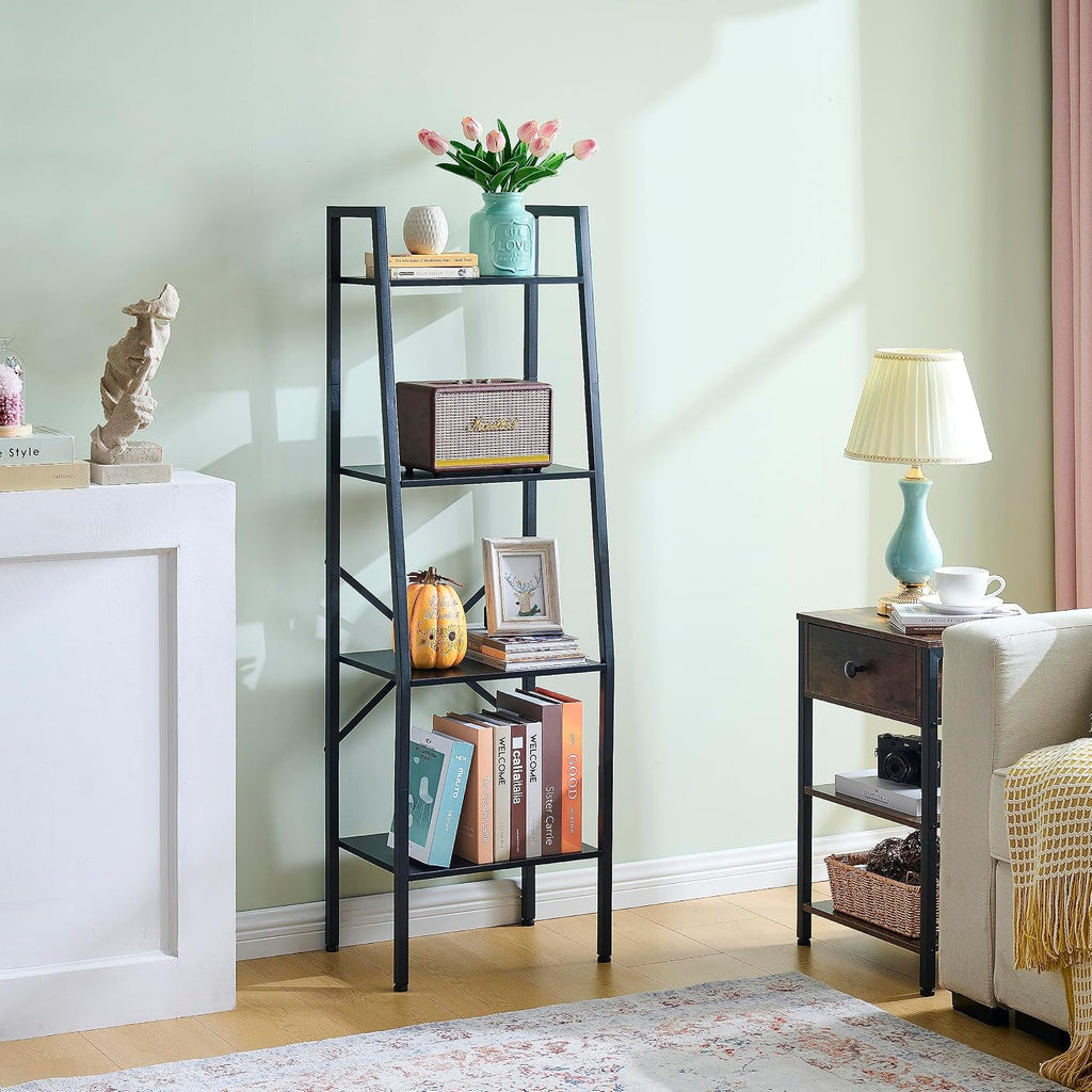 Hoctieon Ladder Shelf Bookcase, 4-Tier Industrial Tall Ladder Bookshelf with Metal Frame for Living Room, Kitchen, Home Office, Bedroom, Rustic Brown