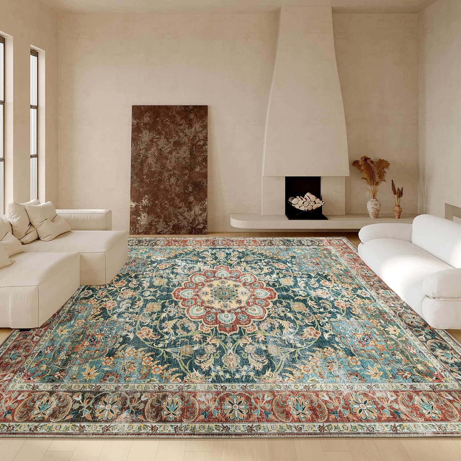 HOMBYS 10x14 Vintage Area Rug for Living Room Bedroom, Large Boho Floor Carpet with Non-Slip Backing for Indoor Office Dining Room, Traditional Home Deco Non-Shedding, Machine Washable